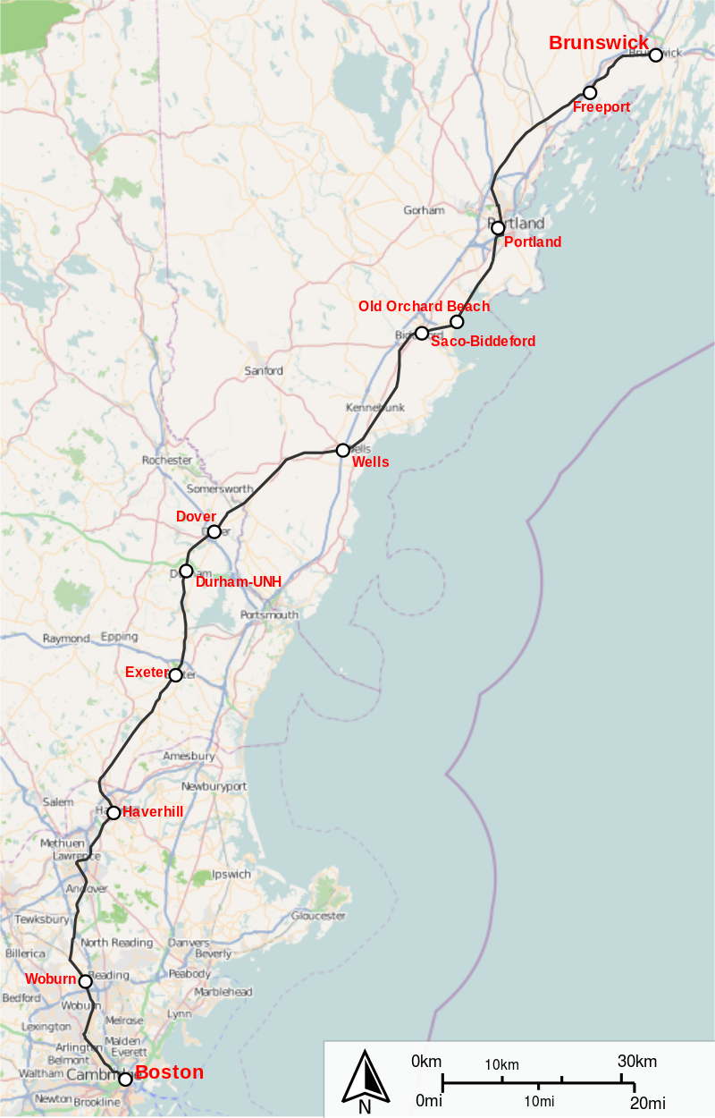 Mapa trasy pociągu Downeaster (wikipedia.com, jkan997, CC SA 3.0 Unported 