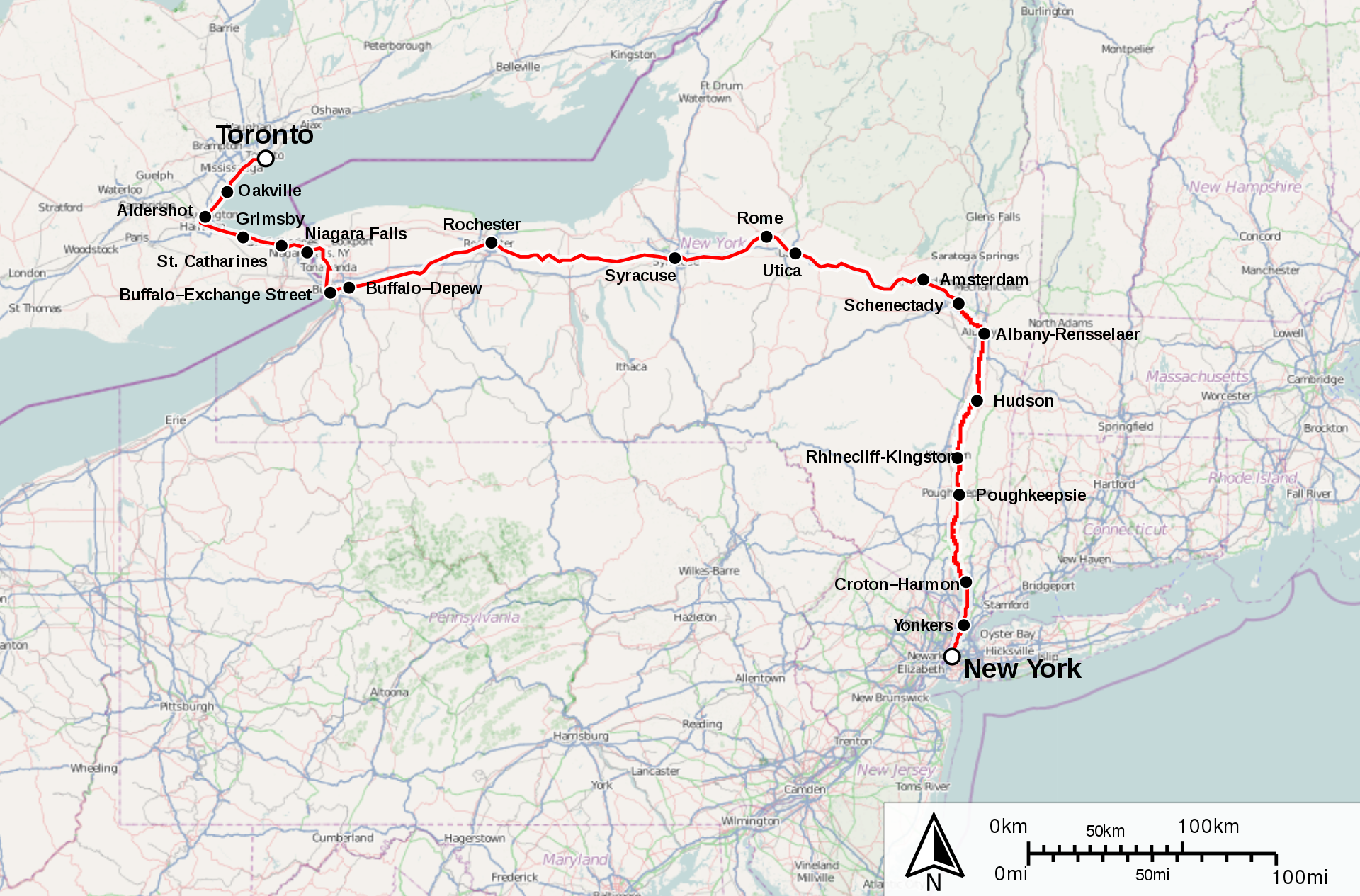 Mapa trasy pociągu Maple Leaf (wikipedia.com, JKan997, CC SA 3.0 Unported)