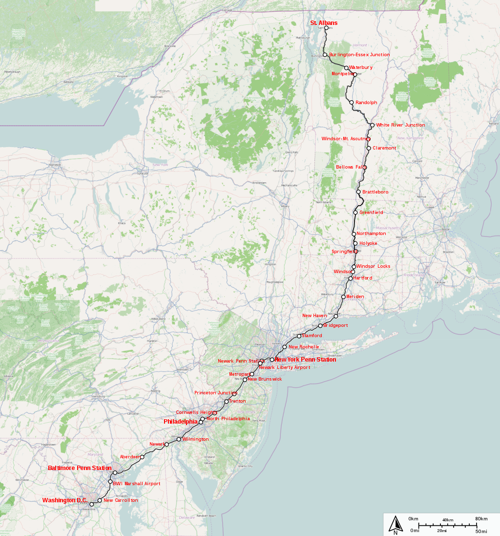 Mapa trasy pociągu Vermonter (wikimedia.com, JKan997, CC SA 3.0 Unported) 